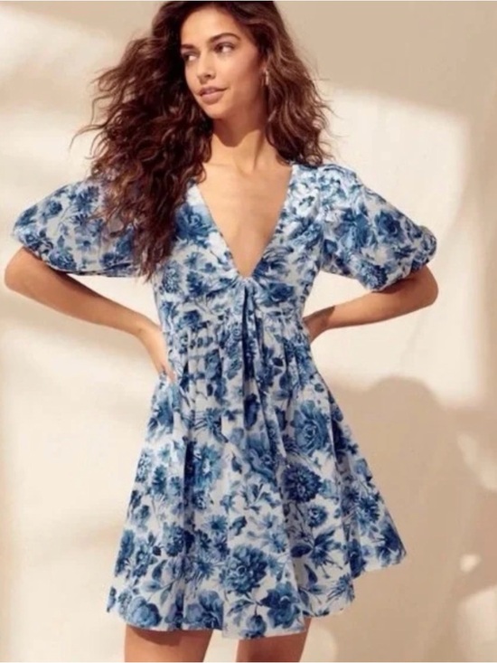 Abercrombie & Fitch Dresses & Skirts - Abercrombie & Fitch Blue Floral Tie-Front Cotton Poplin Puff Sleeve Mini Dress